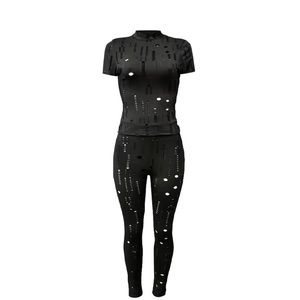 Solid Ripped 2pc Set,Crew Neck Short Sleeve Tops & Slim Pants Outfits size Large